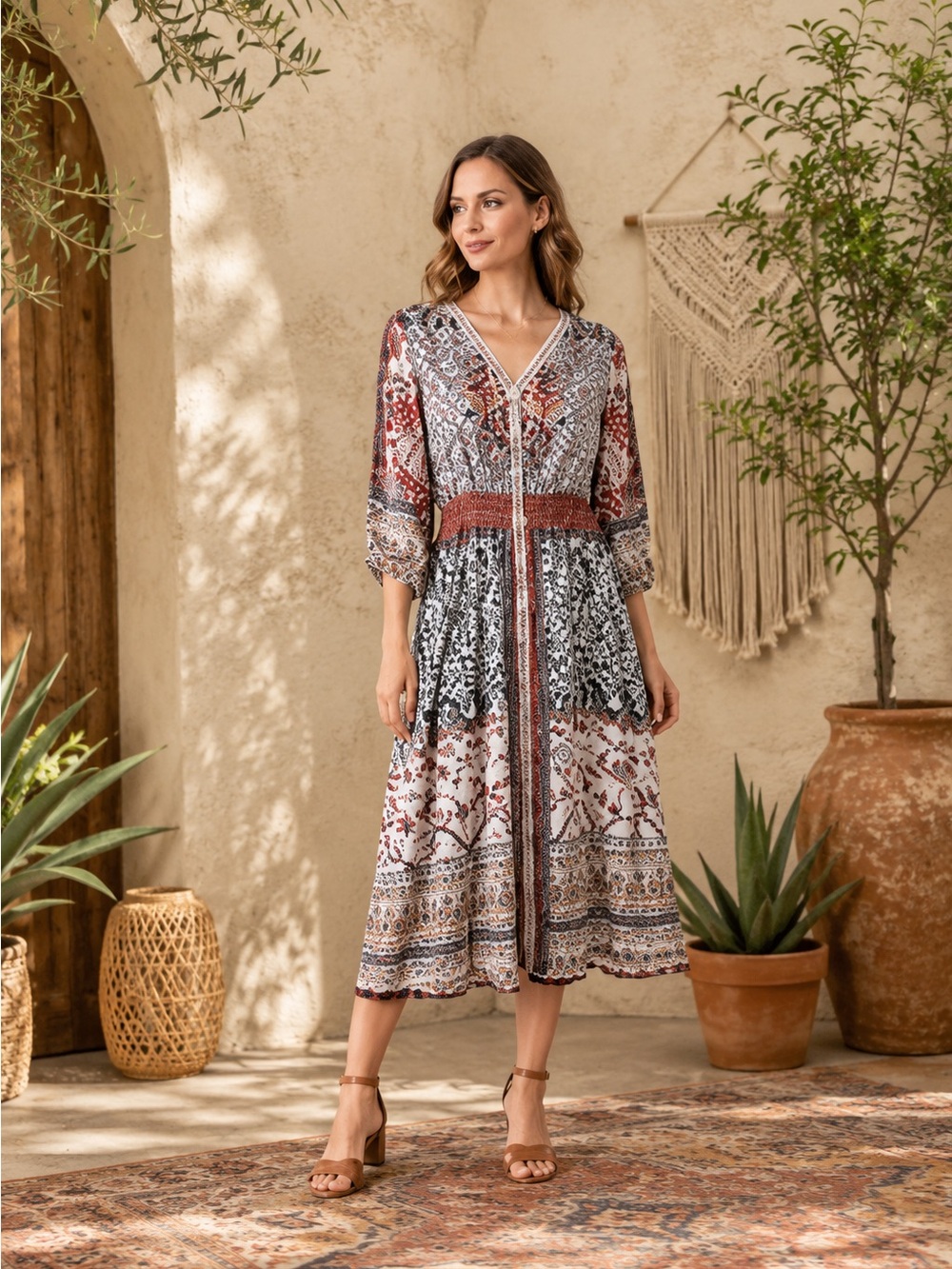 Khaadi Boho Paisley Print Midi Dress V Neck Smocked Waist SZ‎ small